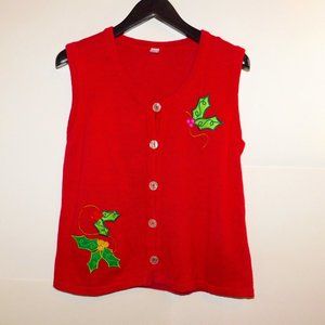 Red Christmas Holiday Sweater Button Up Vest Size L/XL Poinsettia Leaves & Berri